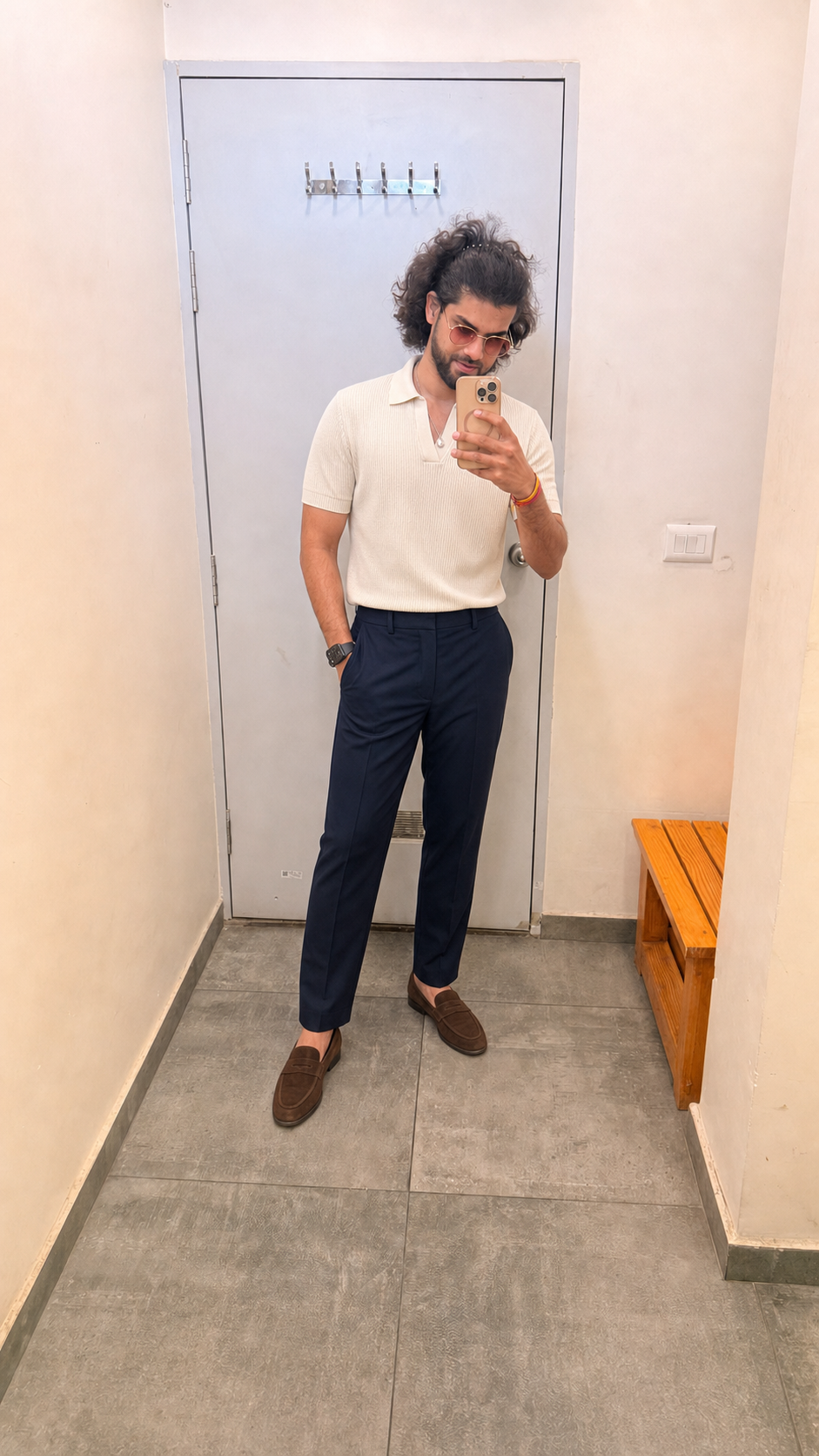 Generated outfit 12: cream polo navy trousers