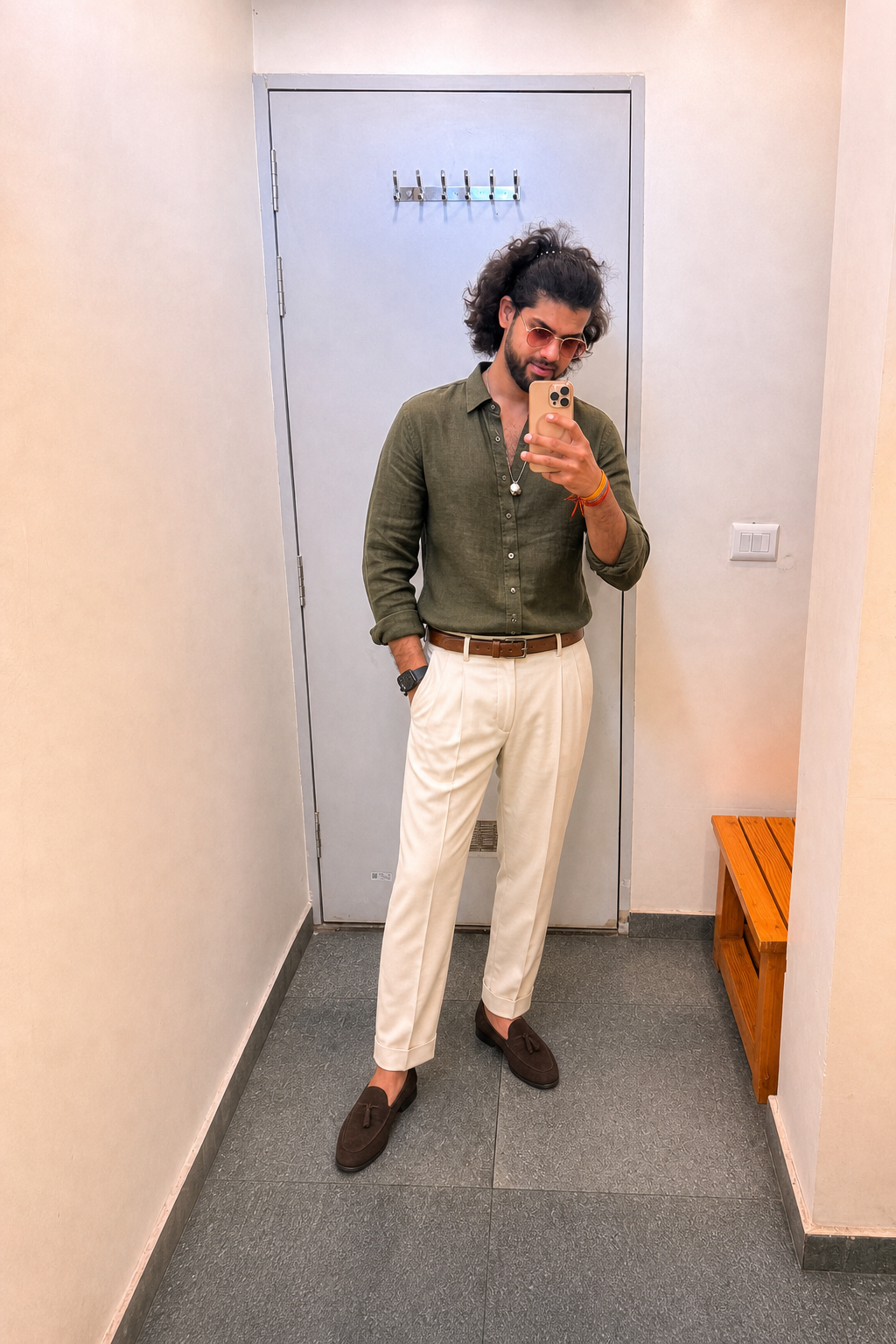 Generated outfit 127: deep olive shirt cream trousers