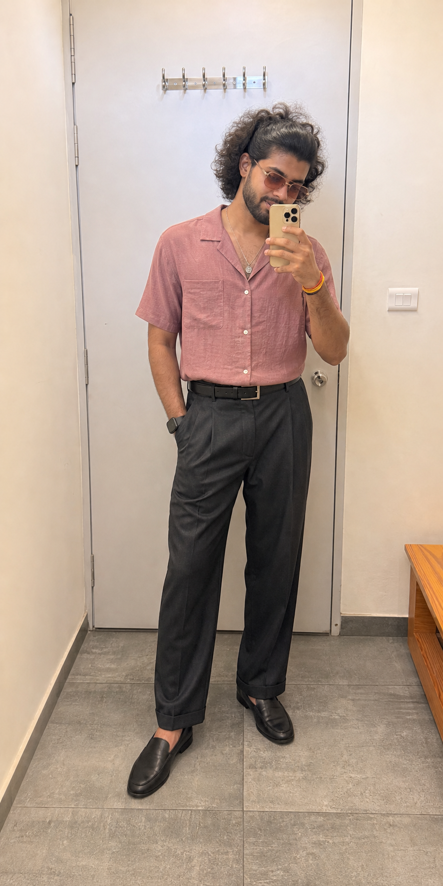 Generated outfit 144: dusty rose camp shirt charcoal trousers