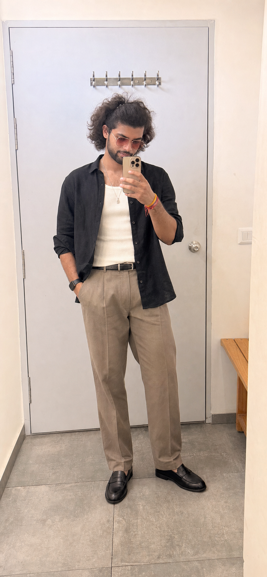 Generated outfit 147: black overshirt ivory tank taupe trousers
