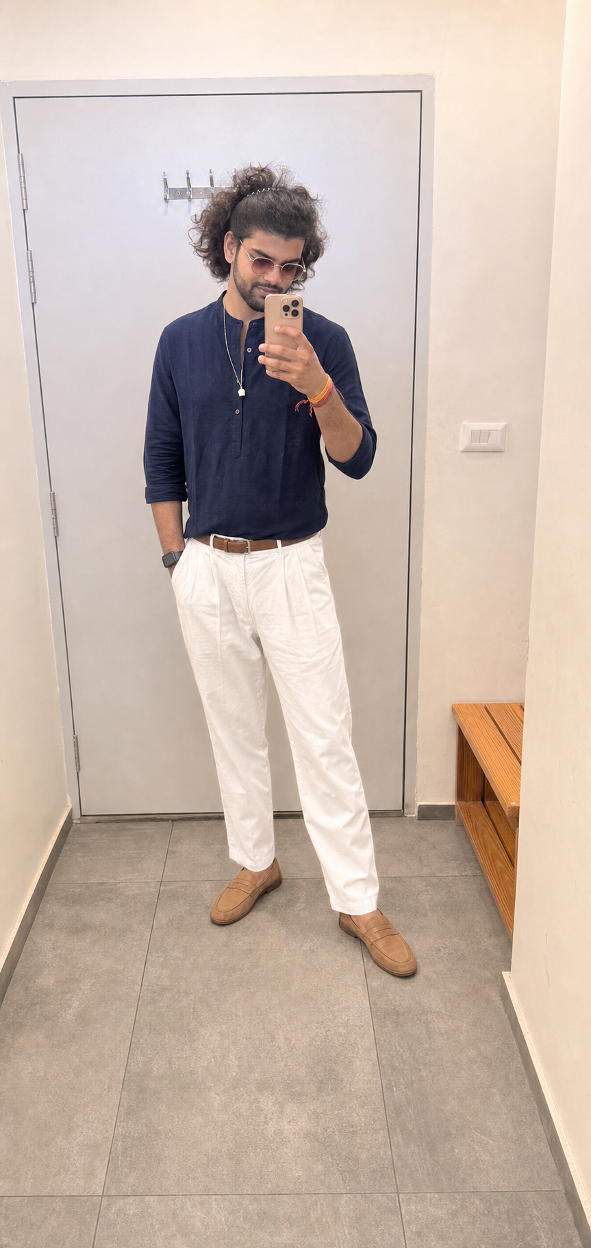 Generated outfit 149: navy short kurta white trousers