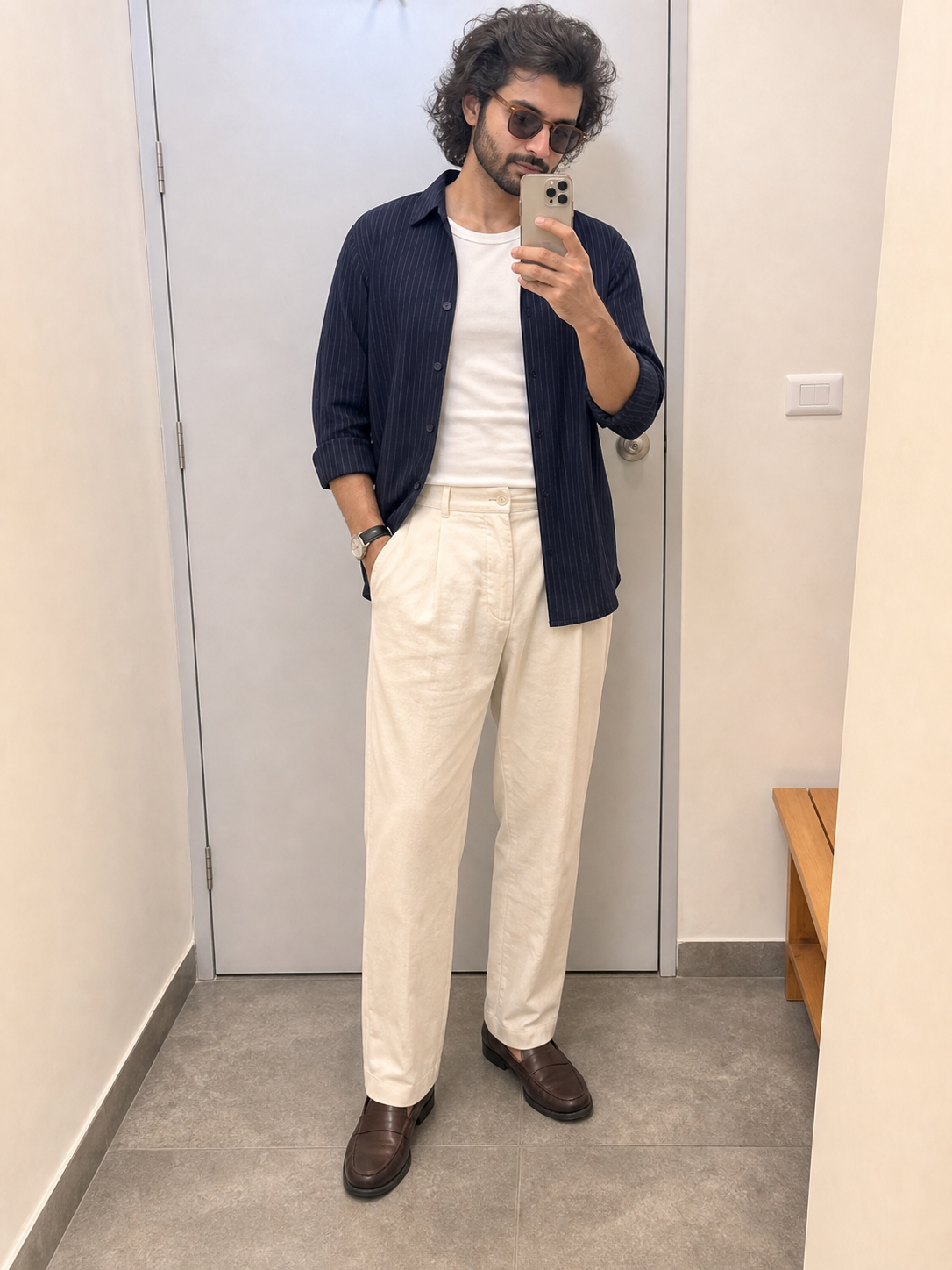 Generated outfit 163: navy pinstripe overshirt white tee ecru trousers