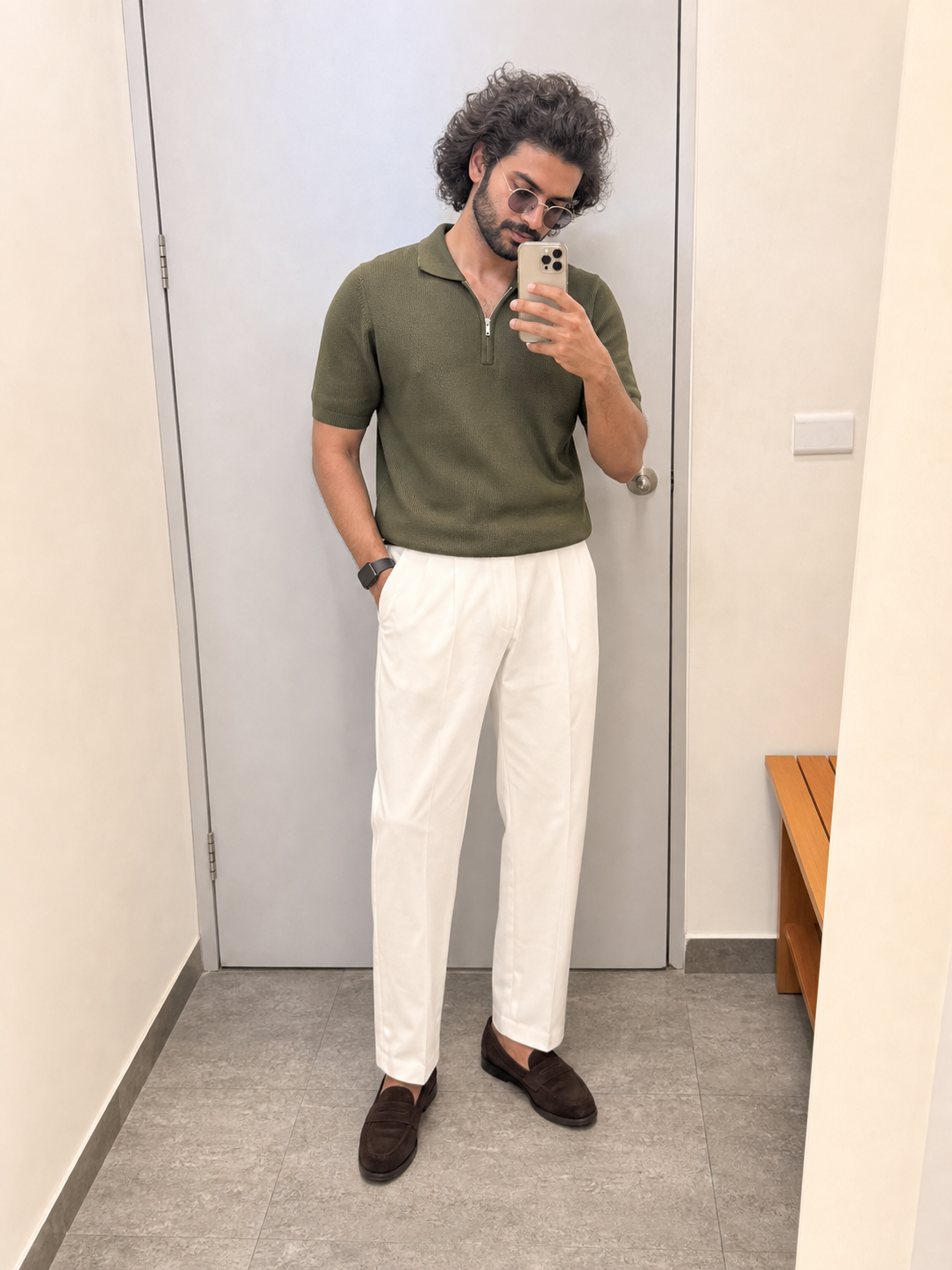 Generated outfit 164: olive zip knit polo white trousers