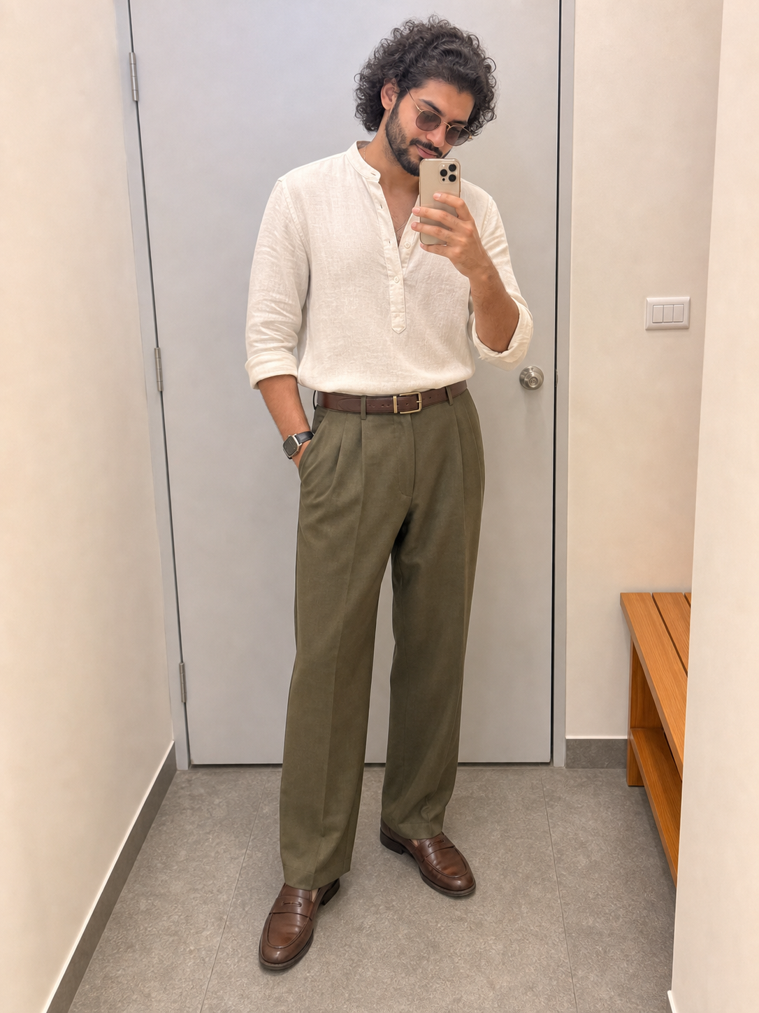 Generated outfit 171: ivory mandarin shirt olive trousers