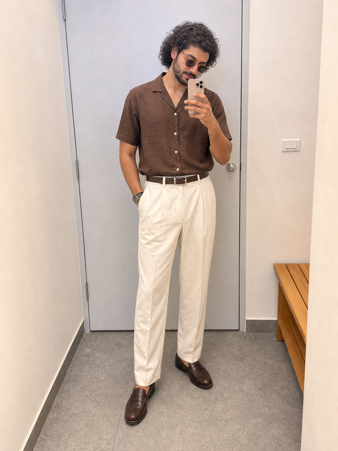Generated outfit 176: coffee camp shirt off white trousers