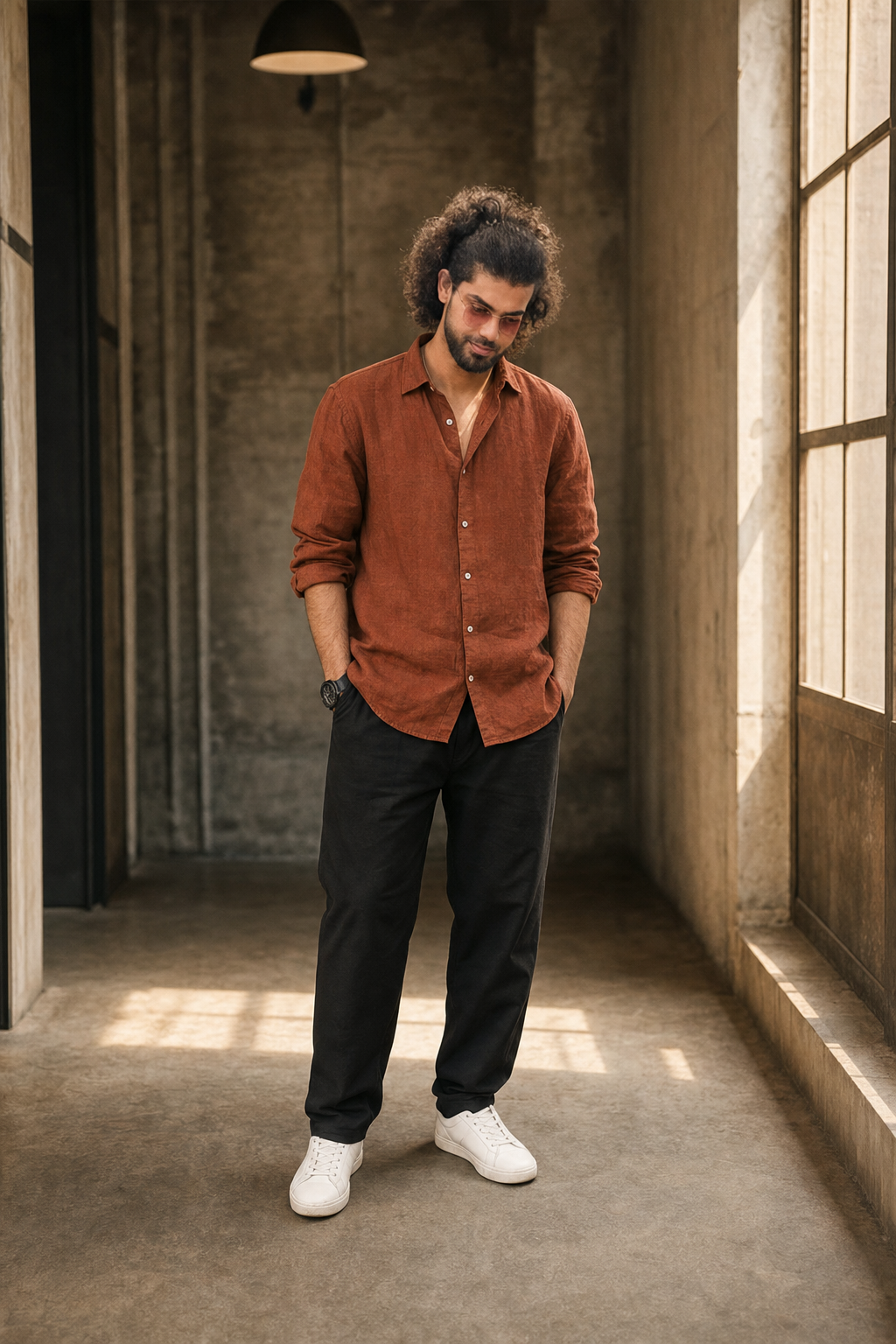 Generated outfit 231: rust linen shirt black trousers