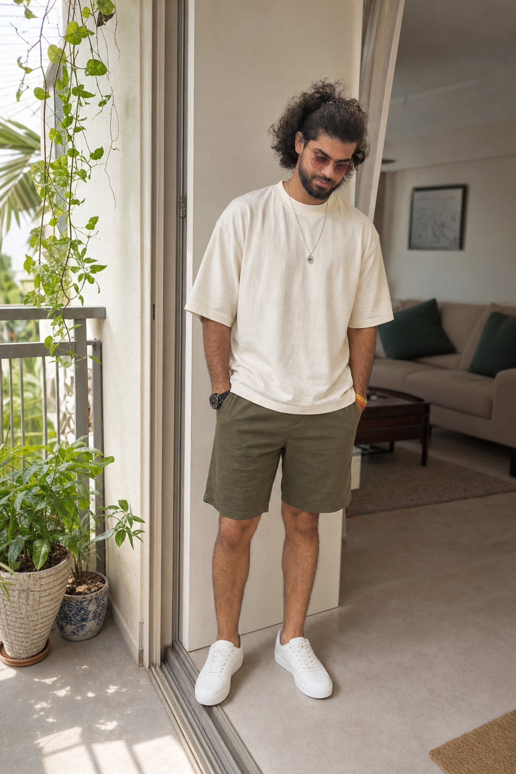 Generated outfit 237: cream oversized tee olive cotton shorts