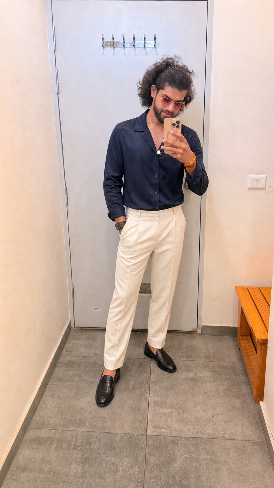 Generated outfit 26: navy silk shirt cream trousers