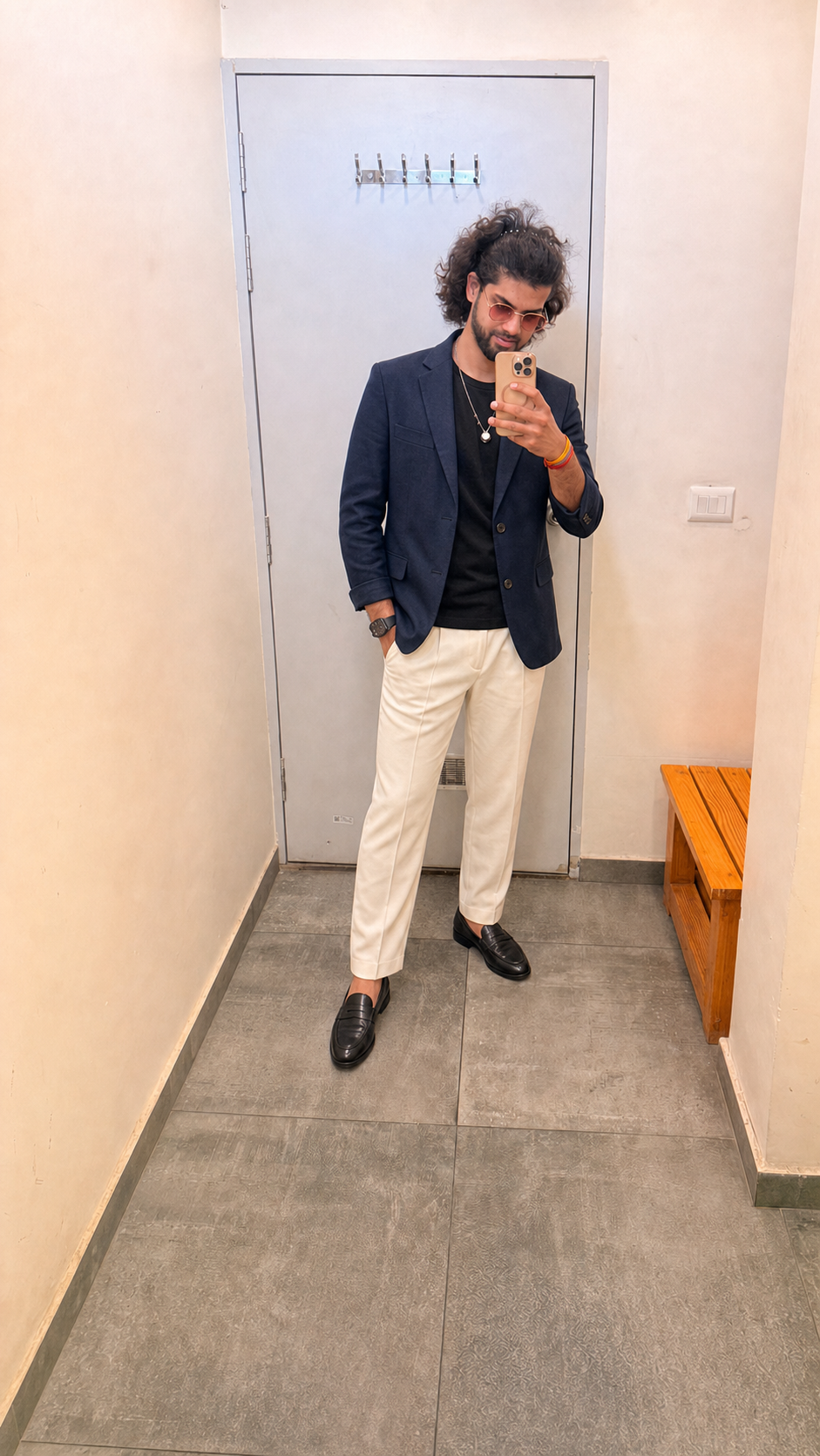 Generated outfit 35: navy blazer cream trousers