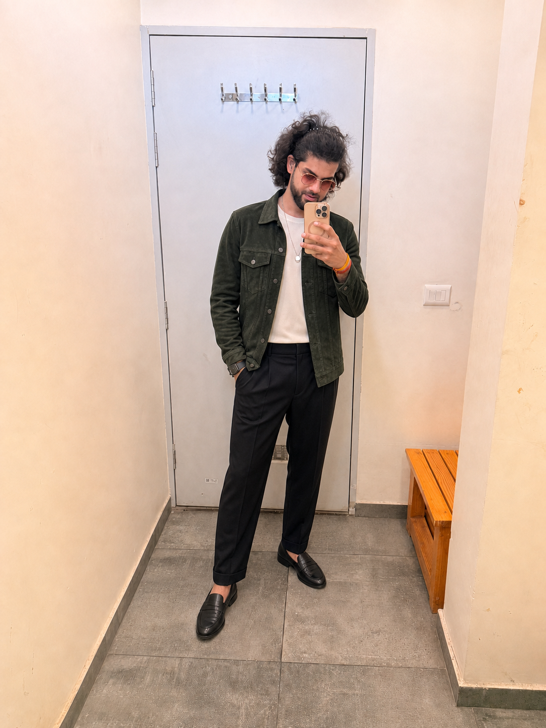 Generated outfit 41: deep green suede trucker