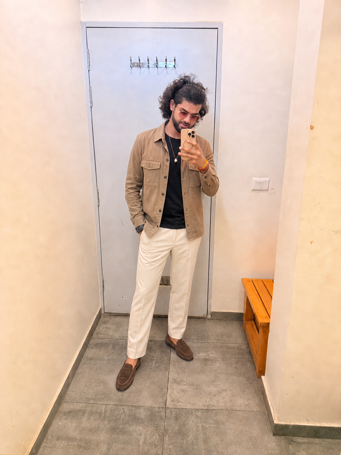 Generated outfit 42: tan overshirt ecru trousers