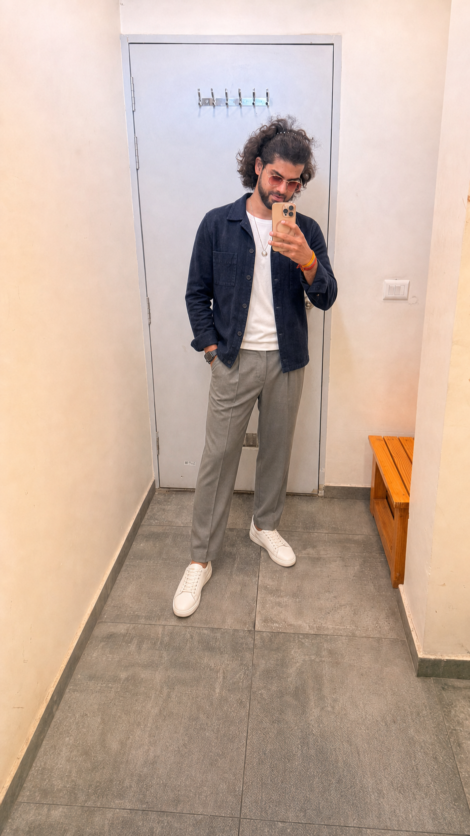 Generated outfit 43: navy overshirt grey trousers