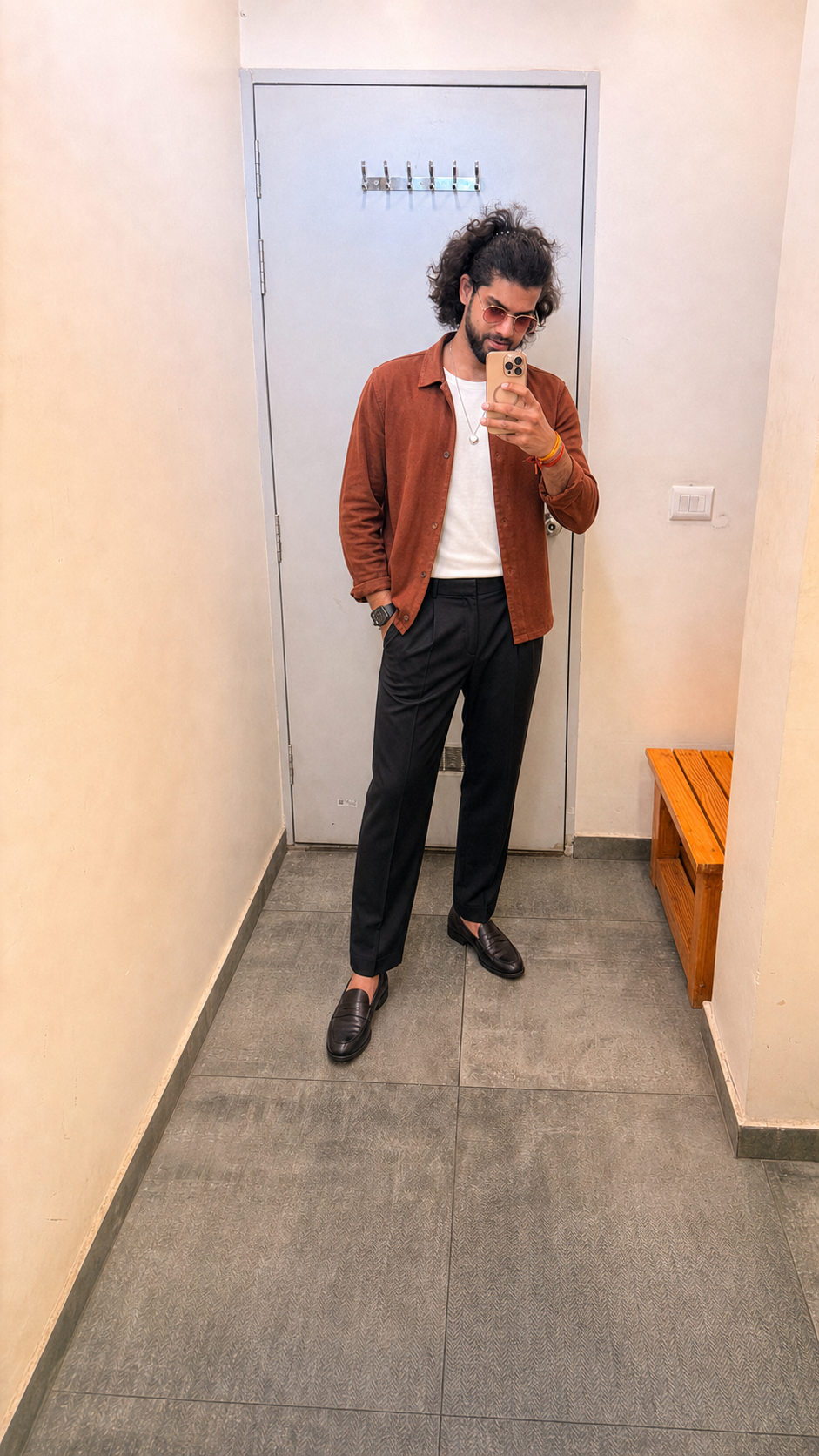 Generated outfit 63: rust overshirt black trousers