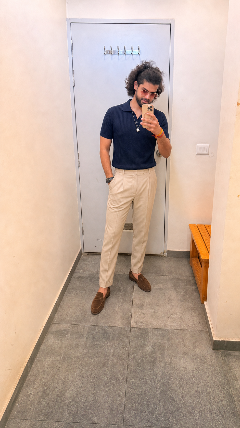 Generated outfit 68: navy knit polo beige