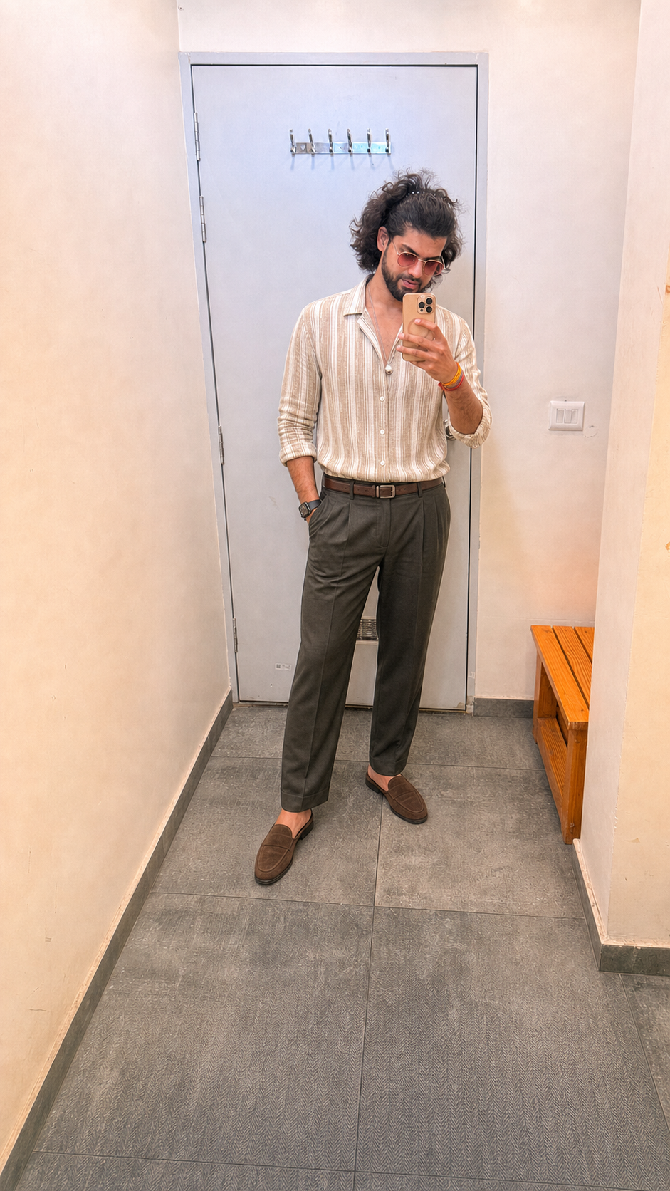 Generated outfit 84: beige striped olive office